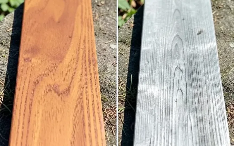 Side-by-side comparison of fresh reddish-brown wood and weathered silver-grey wood Side-by-side comparison of fresh reddish-brown wood and weathered silver-grey wood