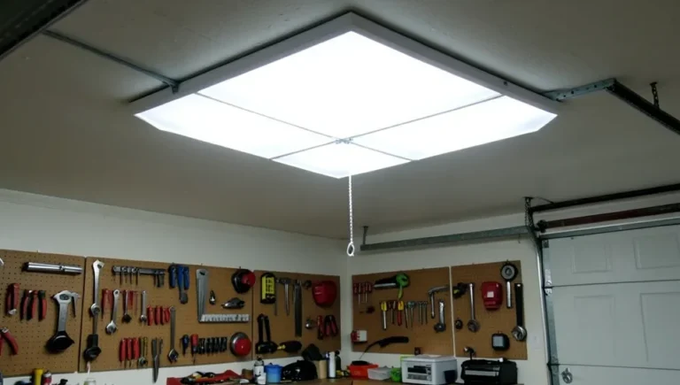 LED ceiling light illuminating a home garage workshop with pegboard tool wall