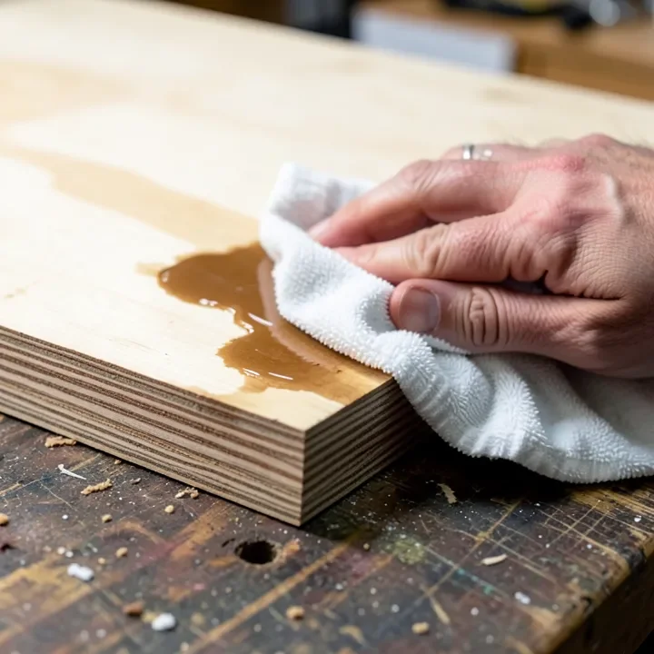 Hand wiping gel stain onto a plywood panel, layered edge grain visible