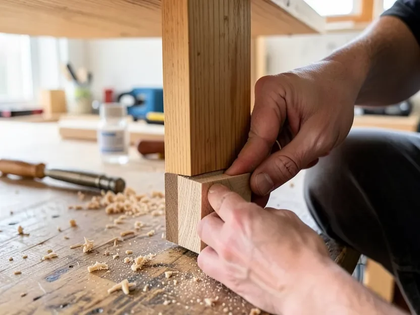 Carpenter clamping and gluing a wood scarf joint splice onto the bottom of a table leg