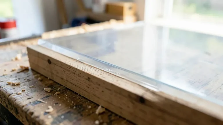 Clear acrylic plexiglass sheet being glued to a wood board with a bead of adhesive along the seam