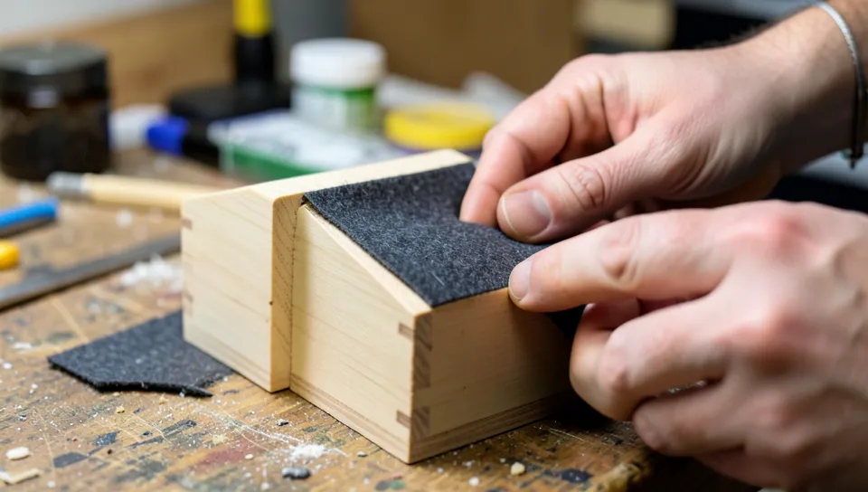 Hands smoothing dark felt fabric into the corner of a small wooden box
