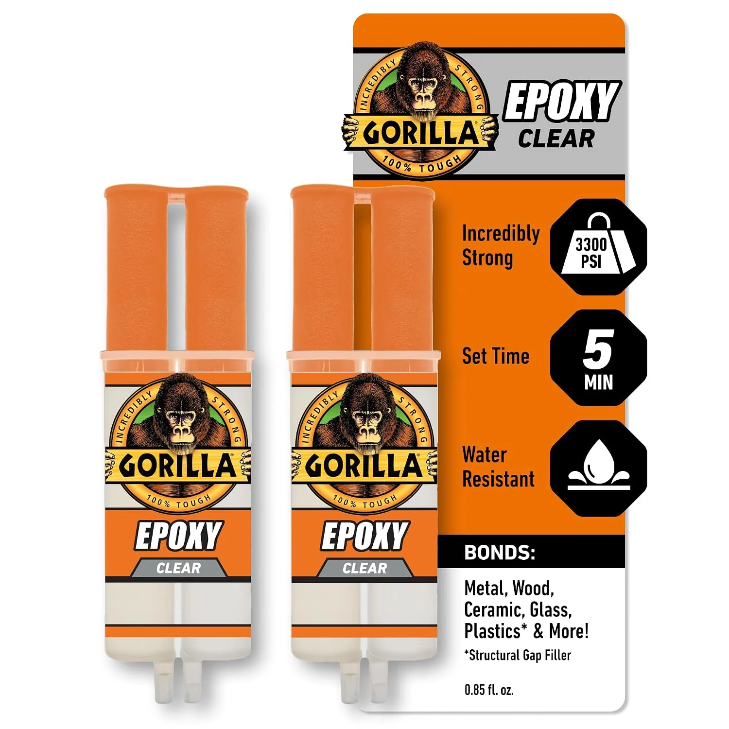Gorilla 2 Part Epoxy, clear, 0.85 oz syringe
