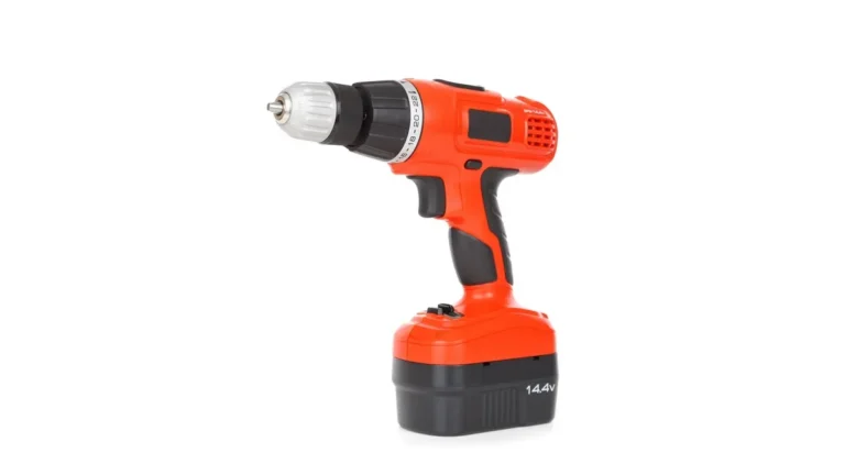 Cordless drill with a removable battery pack on a white background