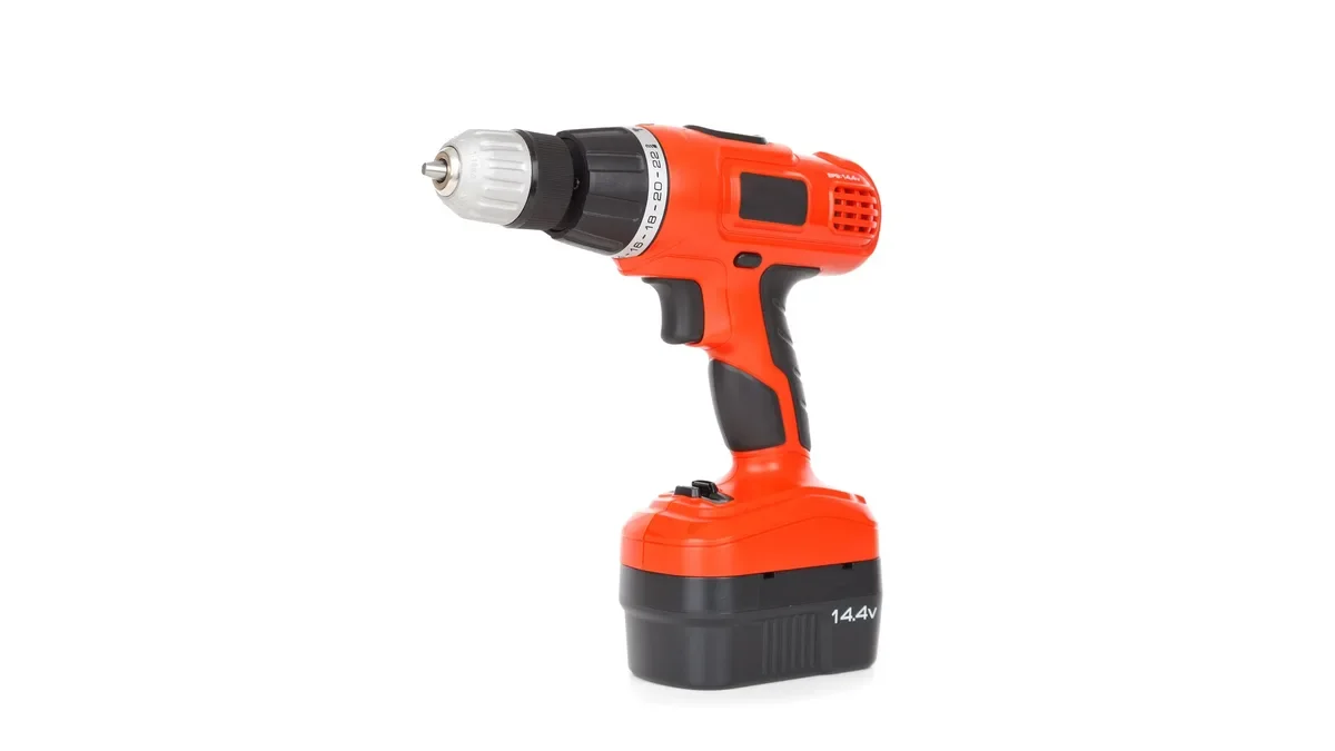 Cordless drill with a removable battery pack on a white background