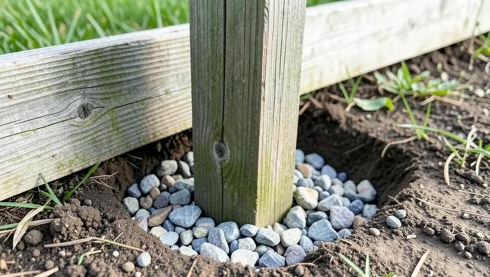 A pressure-treated post set in gravel below ground level
