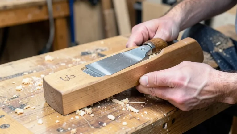 A handmade wooden spokeshave with the blade set into the body
