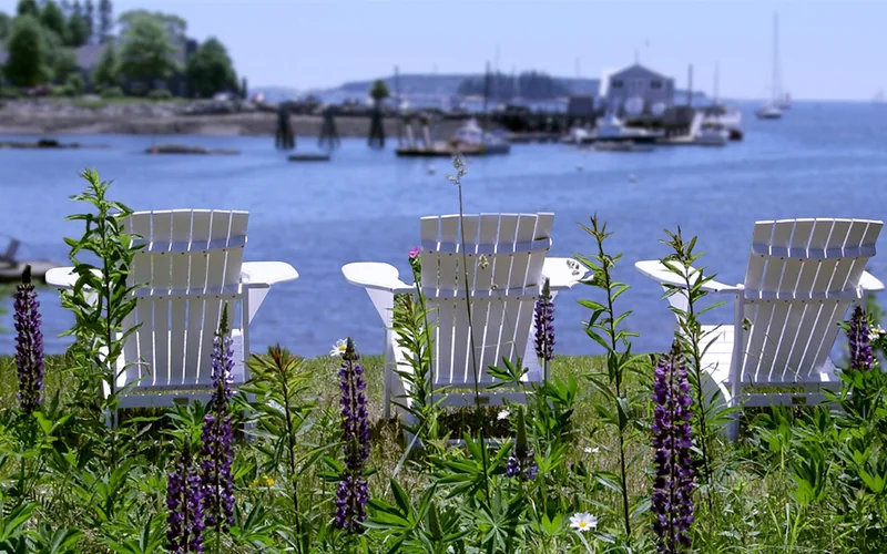white HDPE poly lumber Adirondack chairs on grass overlooking a Maine harbor