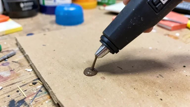 Hot glue gun applying a bead of glue to cardboard