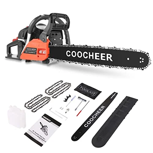 COOCHEER 62CC Gas Chainsaw with 20-Inch Bar, 2 Chains, and 3.5HP Engine, Handheld Cordless Chainsaw for Tree Wood Cutting and Limbing, Red