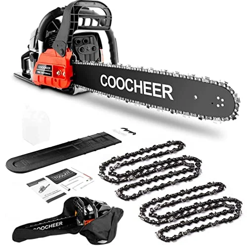 COOCHEER Gas Chainsaw 62CC, 20 Inch 2-Cycle Engine Portable Gas Power Chain Saw Woodcutting Saw with 2 Chain and Tool Kit, Chain Saw Gas for Tree Stumps, Tree Felling