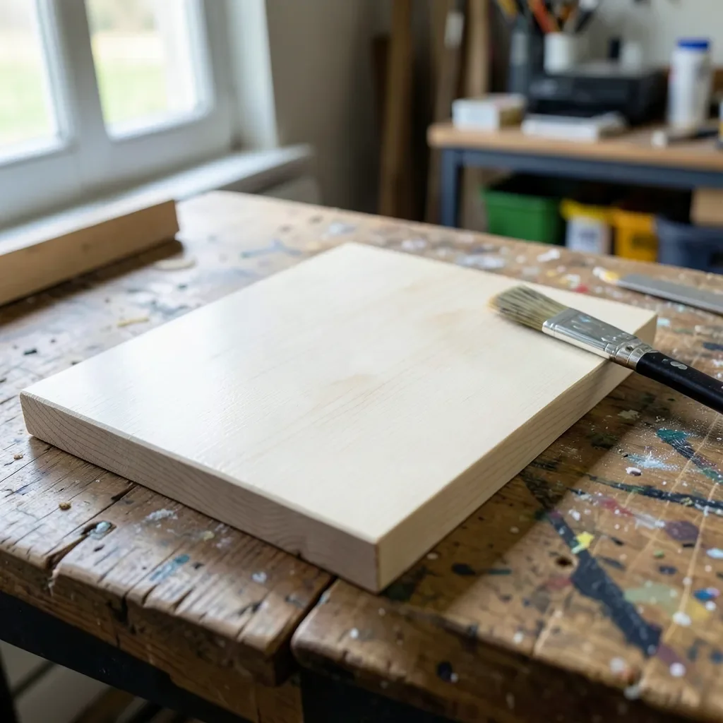Freshly painted wood board drying before polyurethane coat