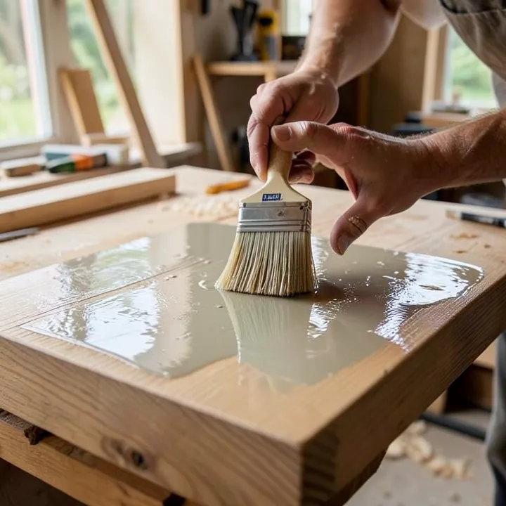 Brushing glossy wet spar urethane onto an outdoor wood tabletop