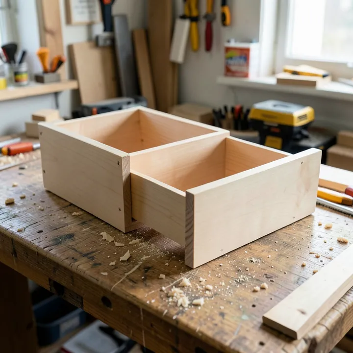 Drawer box and wooden drawer front panel separated on a workbench, showing how a drawer front attaches from behind