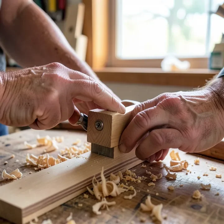 Pocket-hole jig clamped to a workbench frame rail before drilling