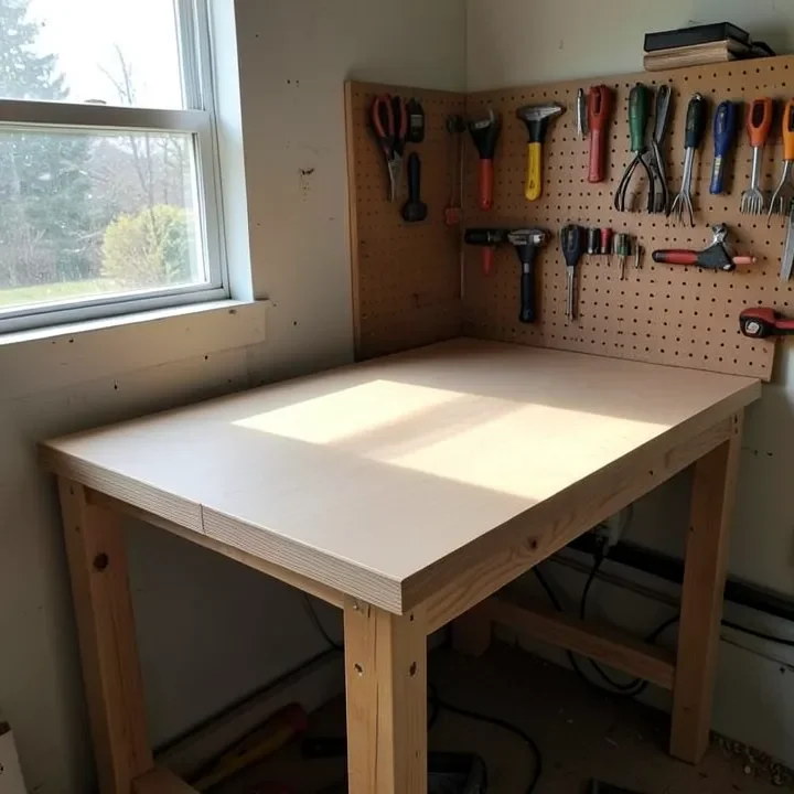Finished plywood workbench with a double-layer top in a home garage workshop