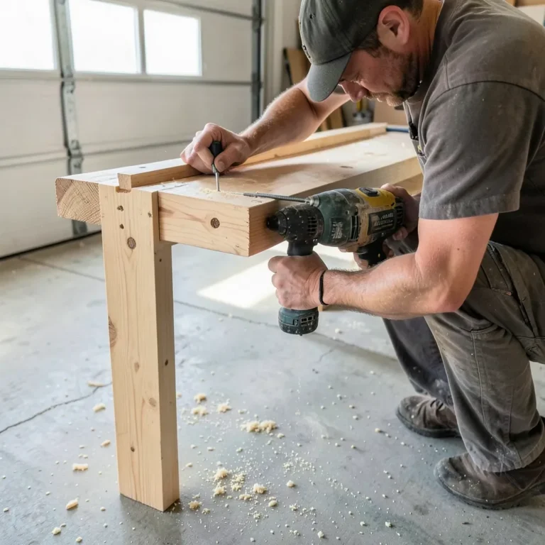 Building a plywood workbench frame with a power drill in a home garage