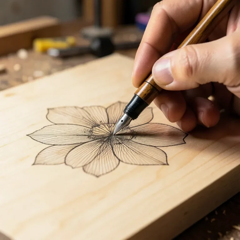 Wood burning pen creating a crosshatched floral design on basswood