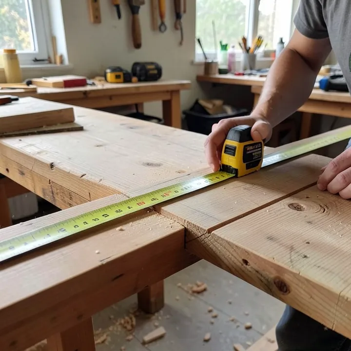 tape measure stretched across a wooden board to check length before cutting