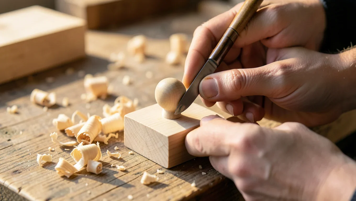 hands carving a small rounded wooden shape from a basswood block with a sloyd knife