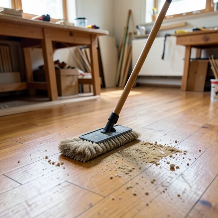 dust mop gliding across an untreated hardwood floor to remove loose dirt