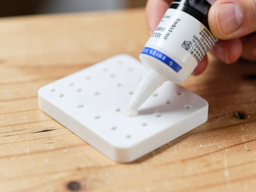 A tube of craft adhesive being applied in dots across the underside of a plastic building block base plate before mounting to wood