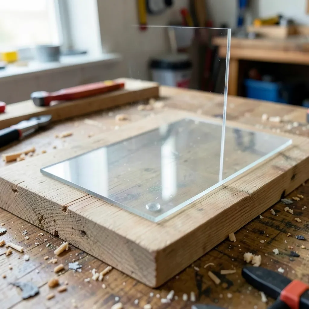 Clear acrylic perspex sheet clamped to a wood board while adhesive bonds them together