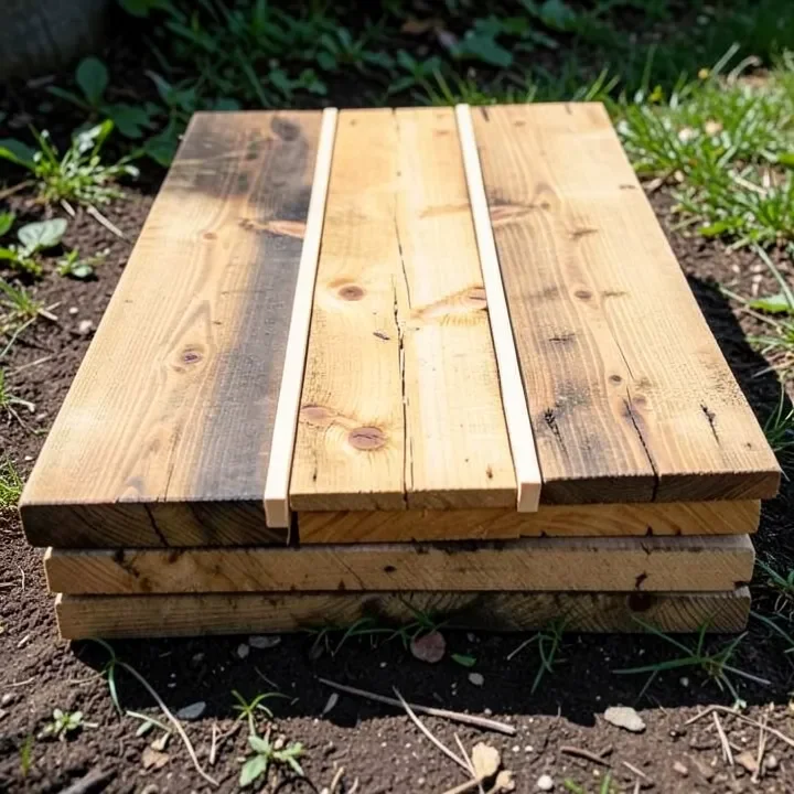 Pressure-treated lumber stickered (stacked with spacers) to dry evenly