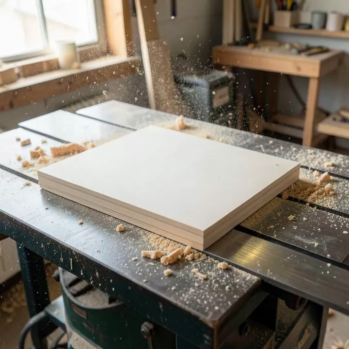 A 2x4 board being pushed across a table saw against the rip fence, sawdust flying