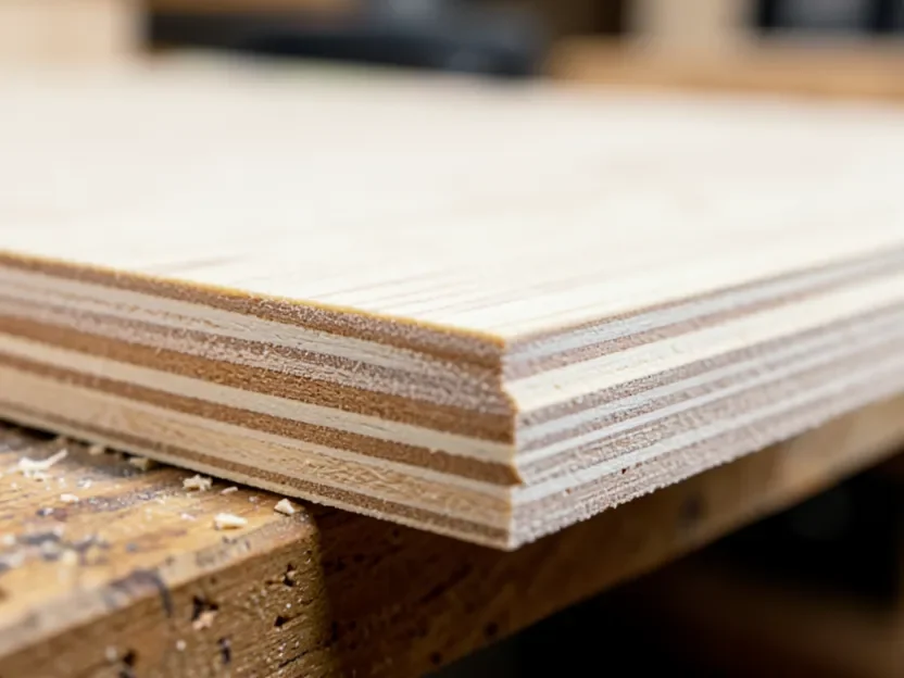 Close-up of a birch plywood edge showing the layered plies, with a thin light face veneer over noticeably different core layers