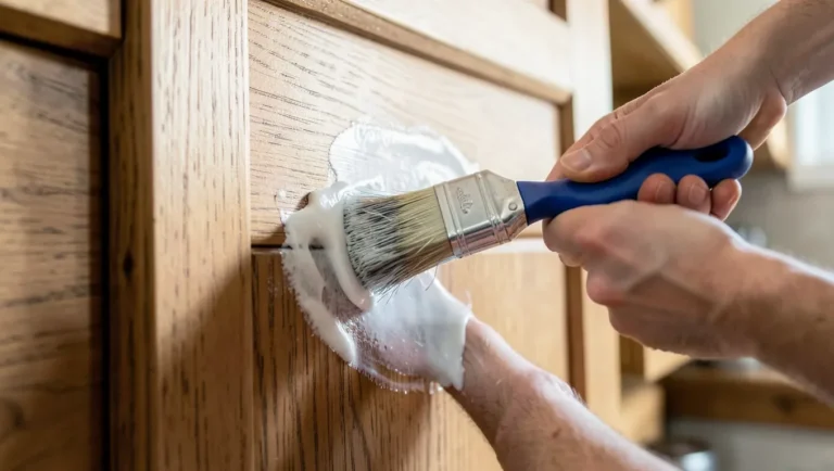 Applying clear sealant to a wood cabinet door with a brush
