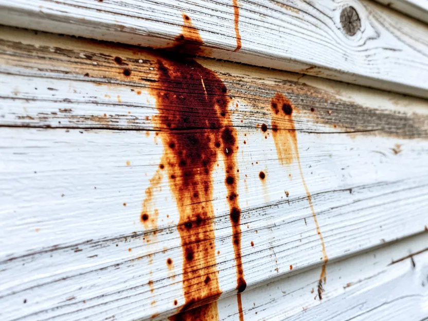 Close-up of reddish-brown tannin staining bleeding through white paint on cedar wood siding
