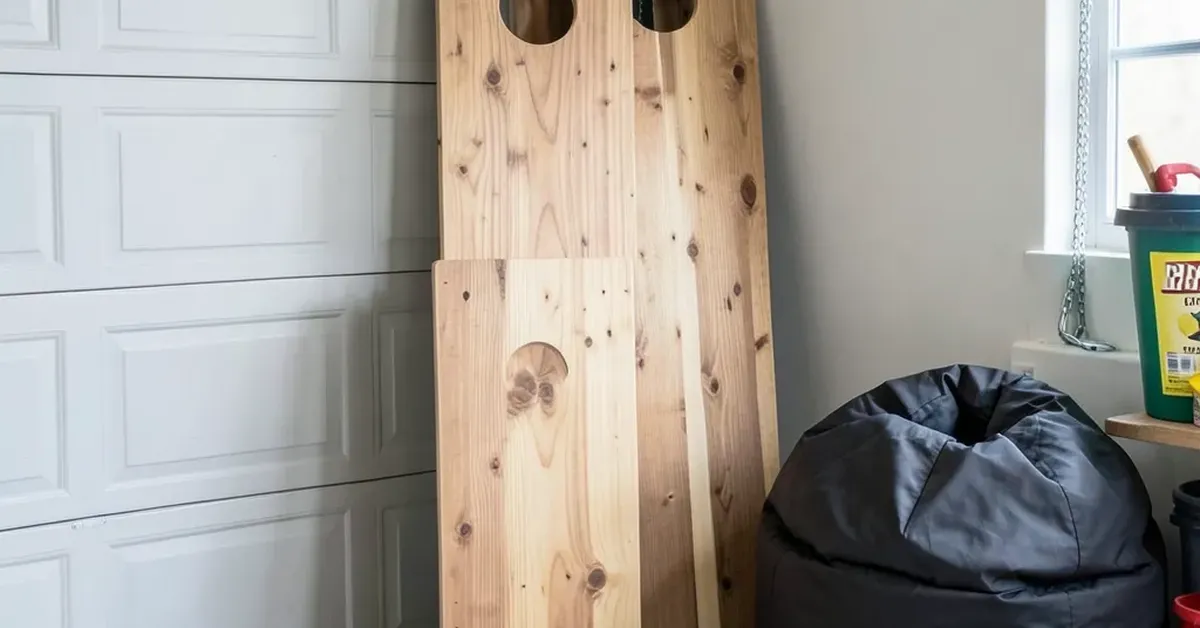 Two cornhole boards stacked upright in a garage for off-season storage