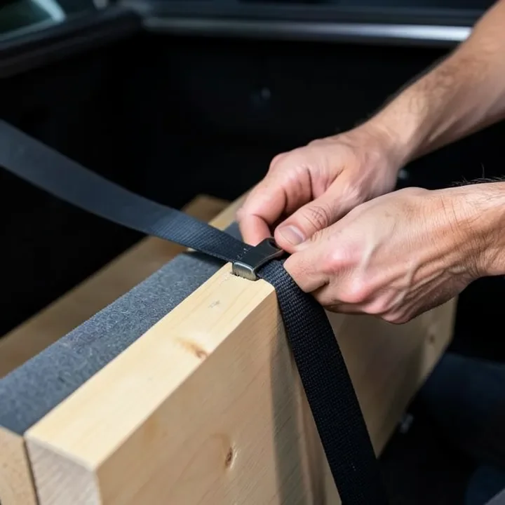 Hands tightening a ratchet strap over wood boards in a car trunk