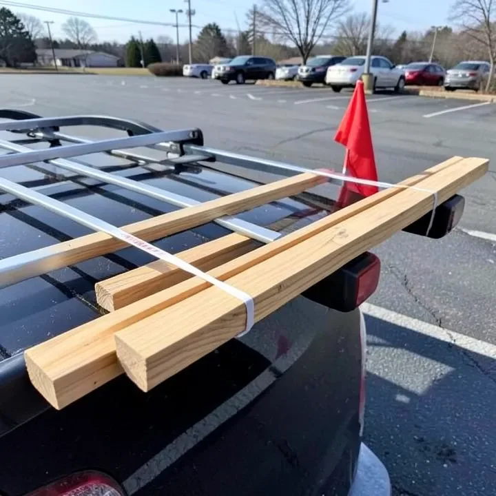 Wood boards strapped to a car roof rack with a red flag marking the overhang