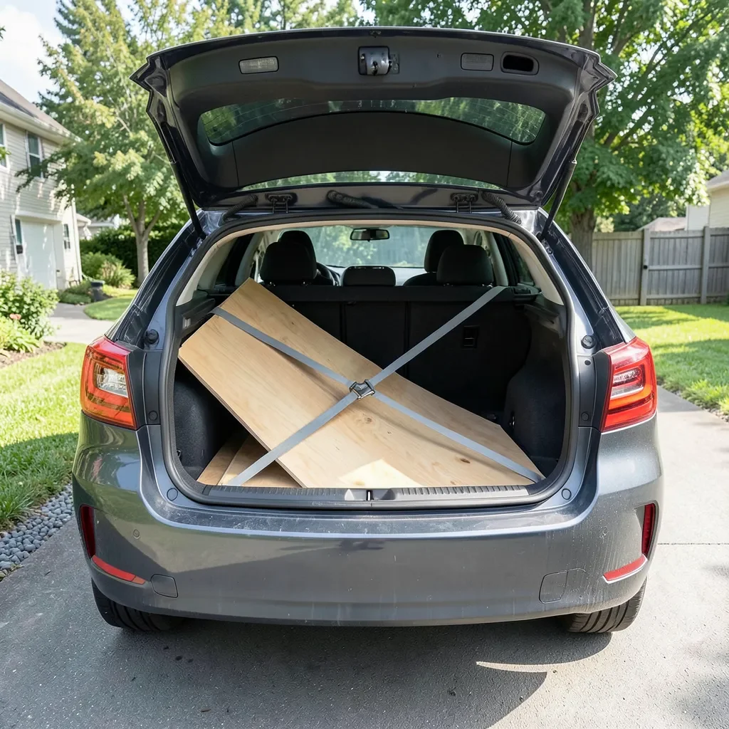 Wood boards loaded diagonally in a car trunk secured with a ratchet strap