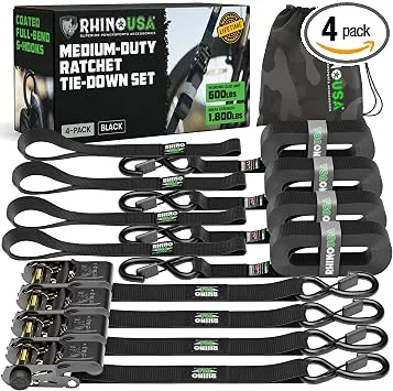 Rhino USA Ratchet Tie Down Straps 4-pack, 1 inch by 15 feet, black