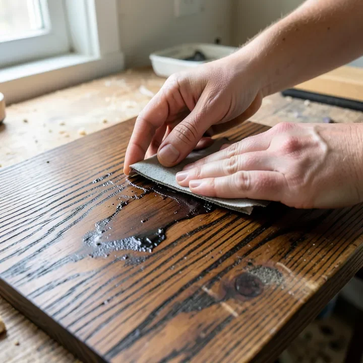hand sanding stained wood board to remove color from raised grain for a sand-through two-tone finish