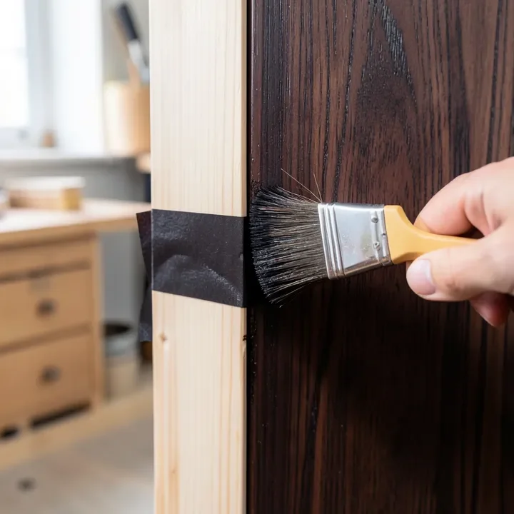 foam brush applying dark gel stain along a painter's tape line for a two-tone masking technique