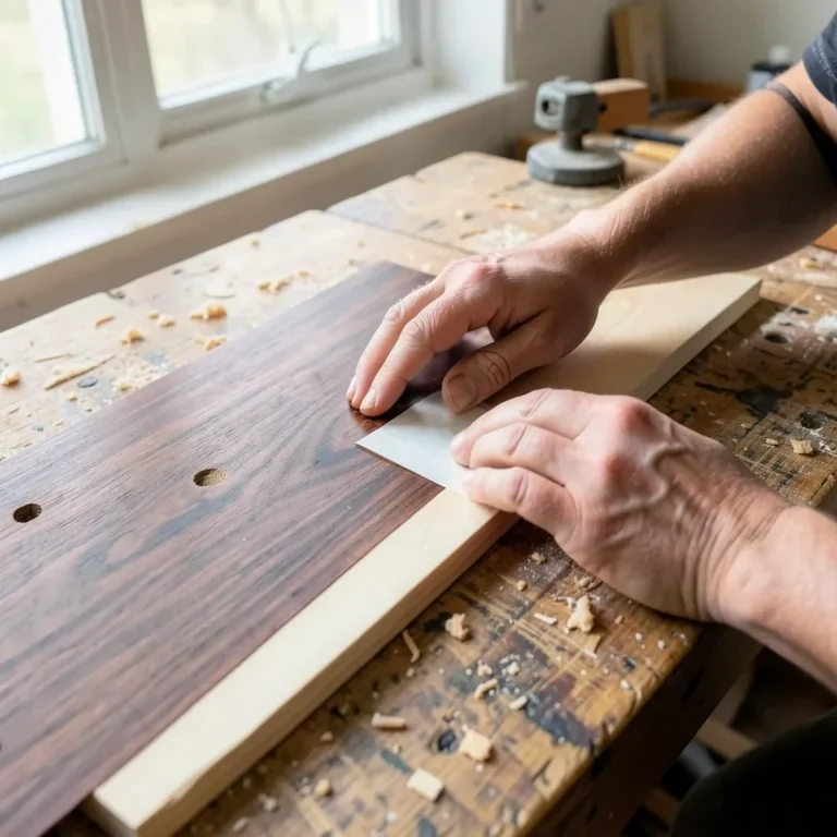 woodworker masking a wood board with painter's tape between a dark stained section and bare wood for a two-tone finish