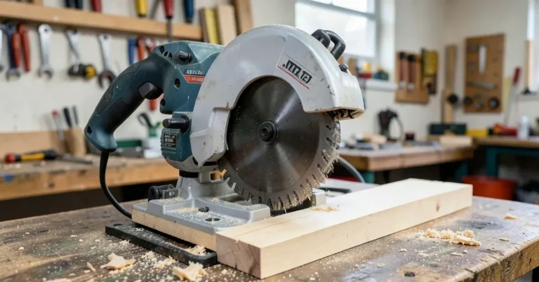 Compound miter saw set up on a workbench ready to cut