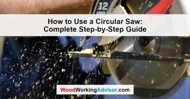 man cutting plywood with a handheld circular saw, sawdust flying