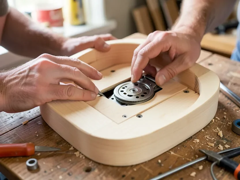 Installing a quartz clock movement mechanism into the back of a wooden clock case