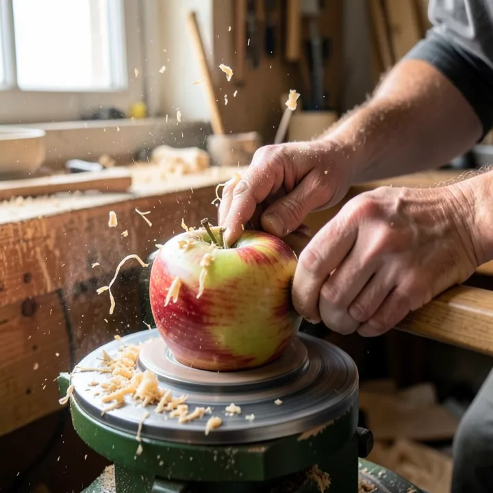 woodturner hand-turning a spinning apple wood blank on a lathe with fresh shavings flying off woodturner hand-turning a spinning apple wood blank on a lathe with fresh shavings flying off