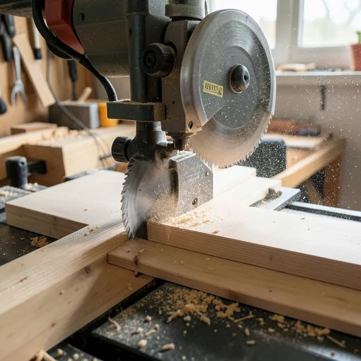 Table saw cutting a wood plank with fine sawdust airborne near the blade Table saw cutting a wood plank with fine sawdust airborne near the blade