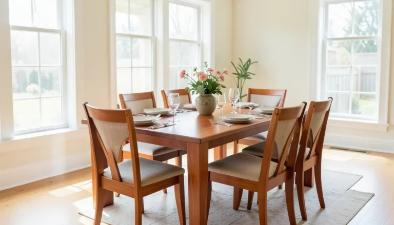 Cherry wood dining table in a bright dining room