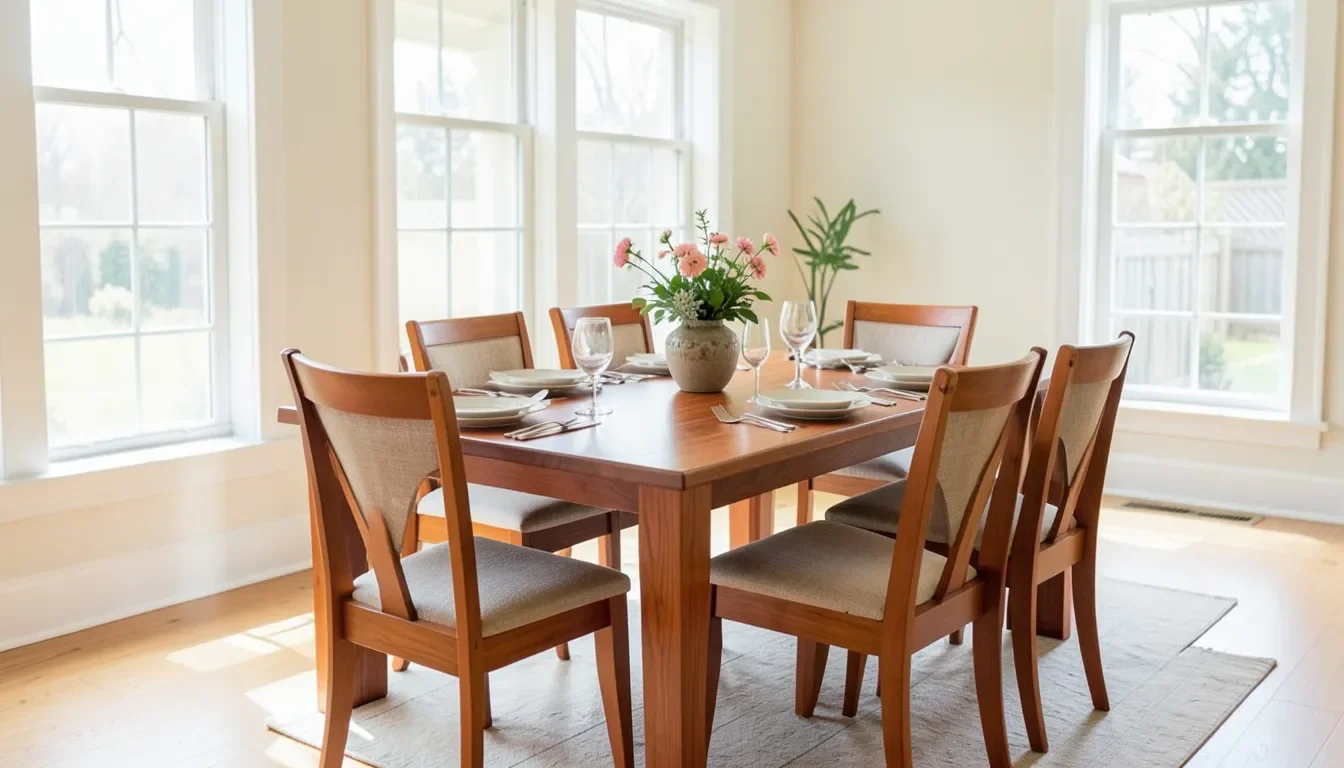 Cherry wood dining table in a bright dining room