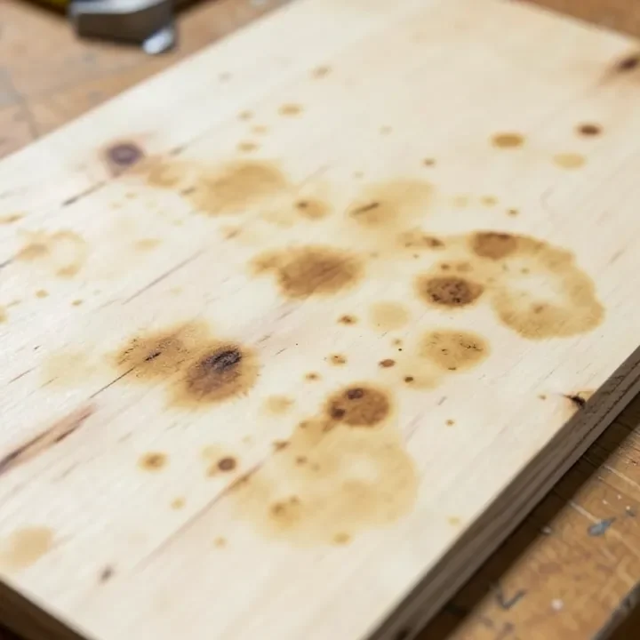 Poplar wood board showing blotchy uneven stain absorption without conditioning