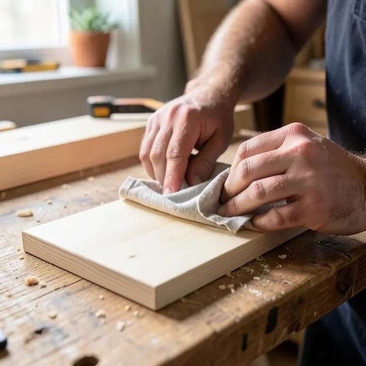 Applying pre-stain wood conditioner to a poplar board before staining