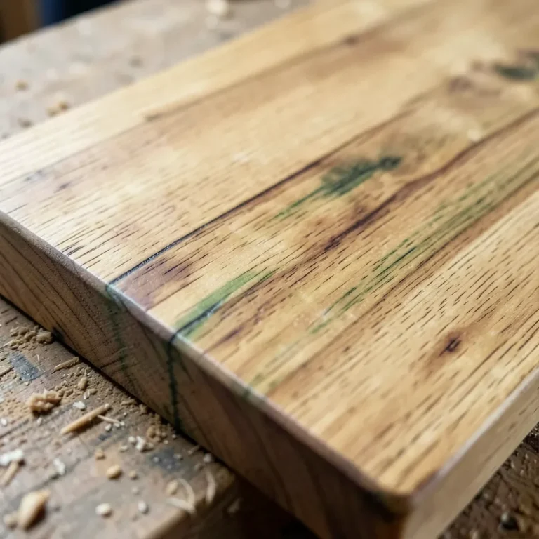 Stained poplar wood board showing grain and natural mineral streaking
